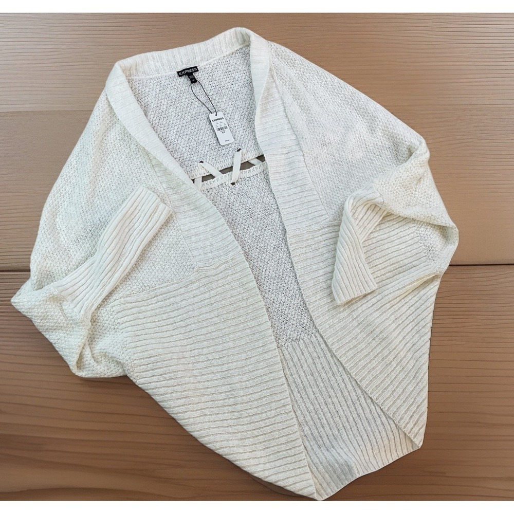 Express Lace Cocoon Cardigan Sweater Womens S Off White Open Front Knit NWT‎